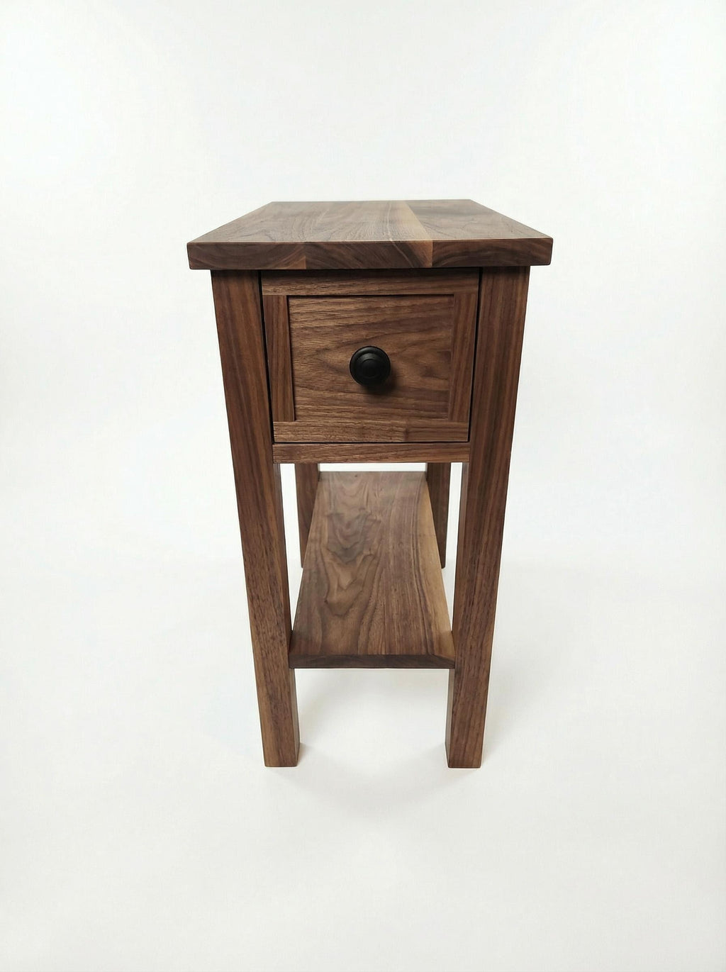 Walnut Narrow End Table with Shelf and Drawer