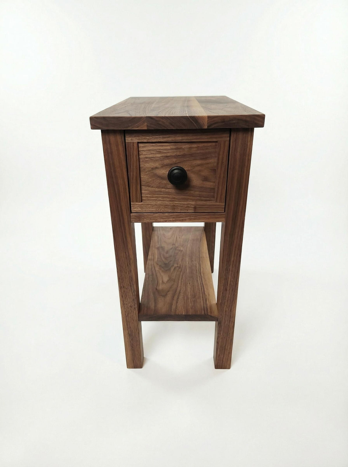 Walnut Narrow End Table with Shelf and Drawer