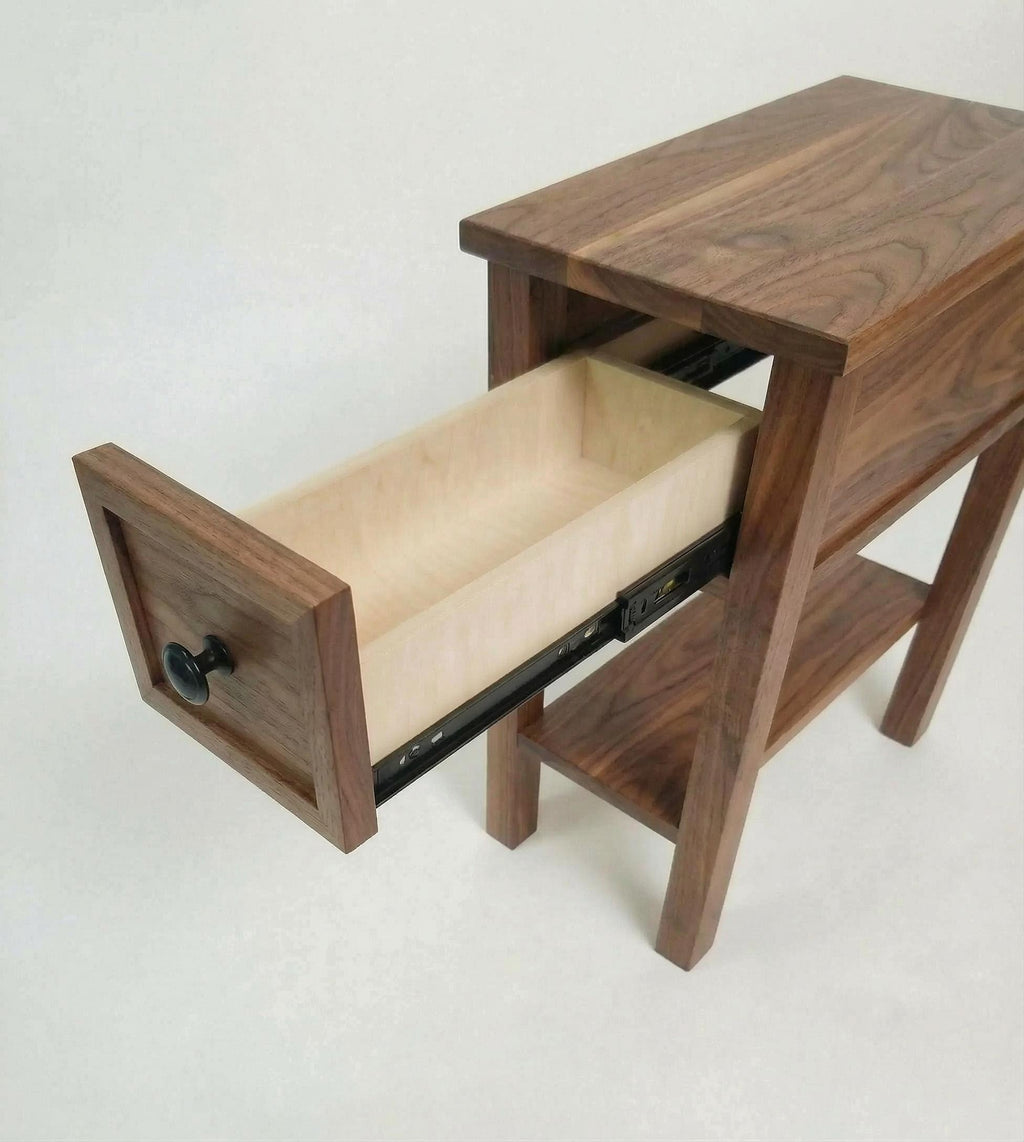 Walnut Narrow End Table with Shelf and Drawer