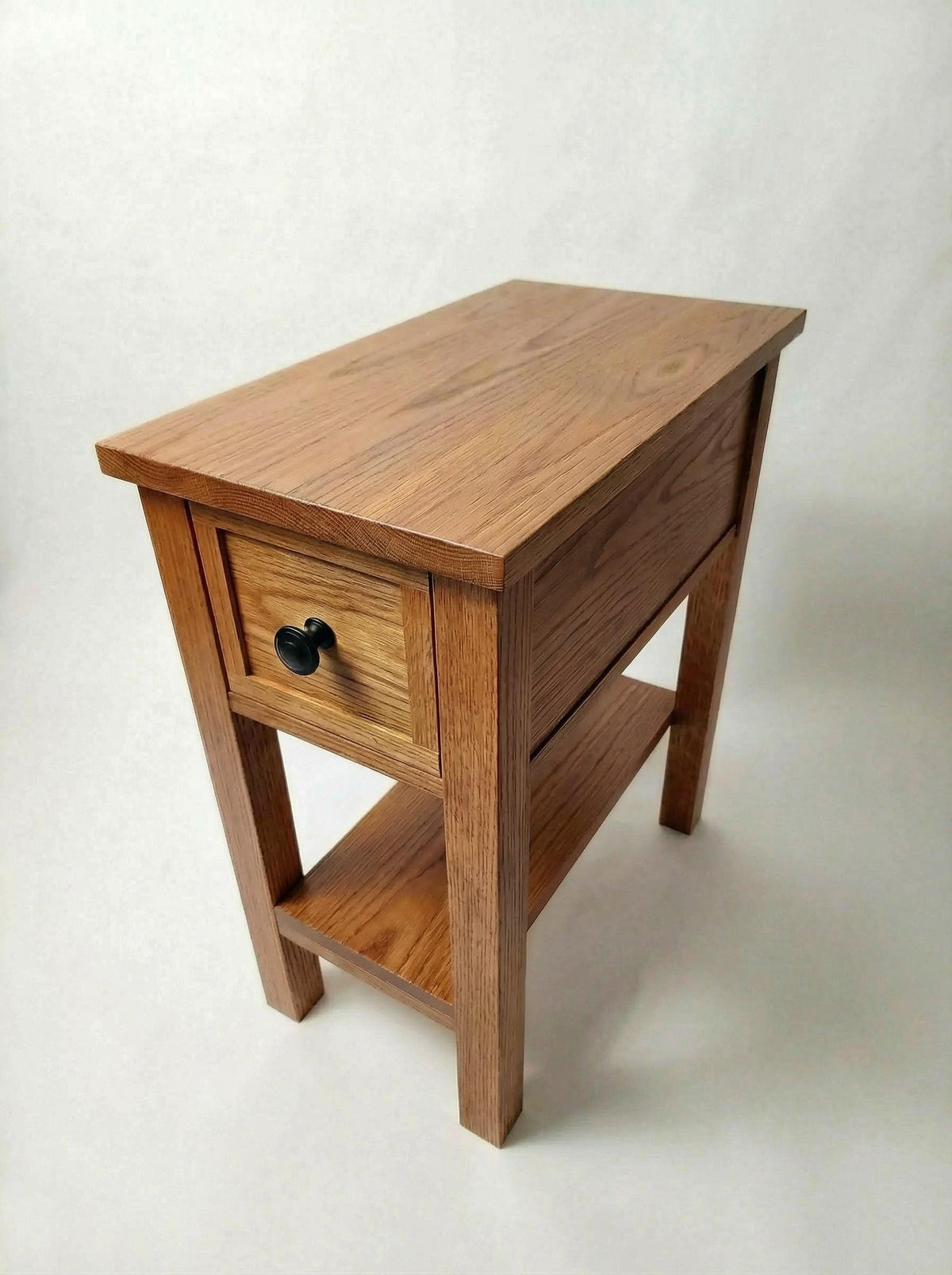 Oak Narrow End Table with Shelf and Drawer