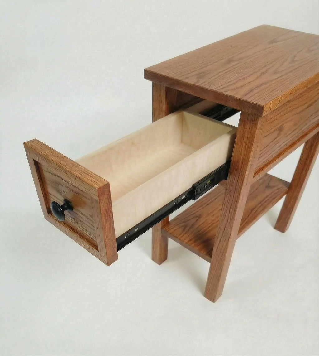 Oak Narrow End Table with Shelf and Drawer