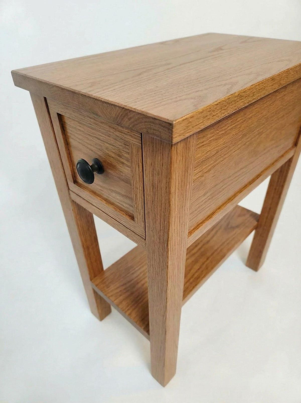 Oak Narrow End Table with Shelf and Drawer