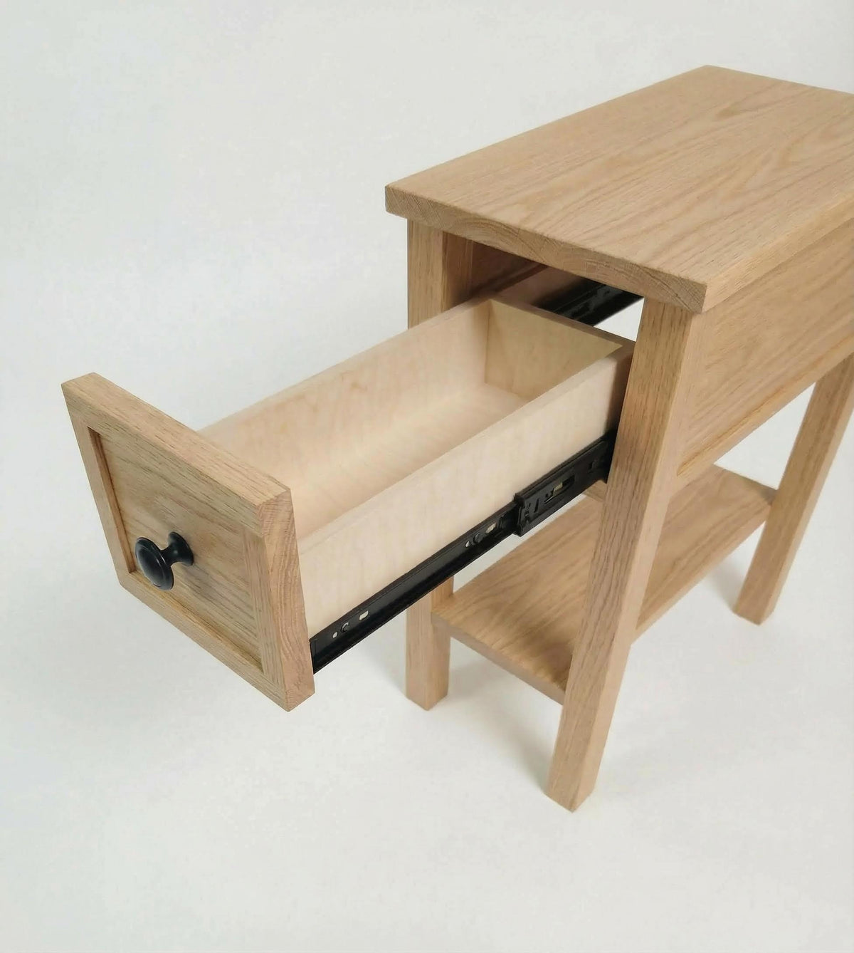 Oak Narrow End Table with Shelf and Drawer