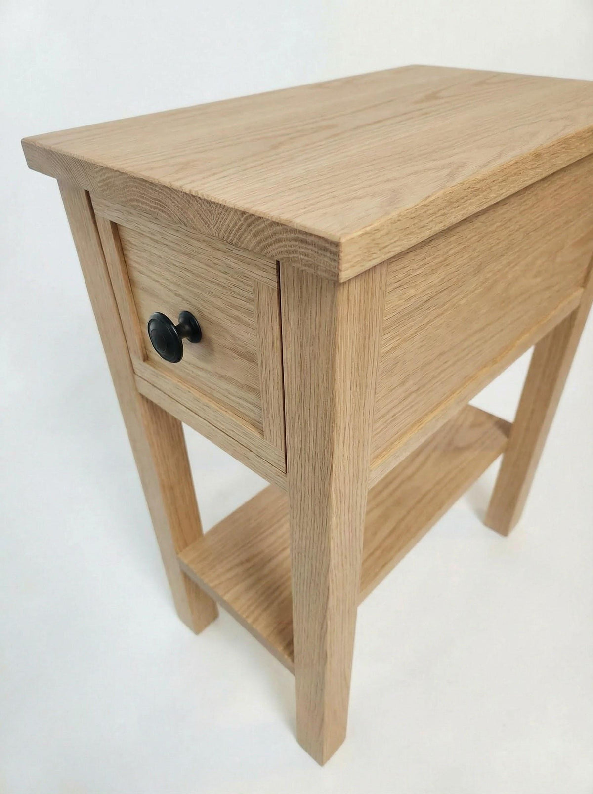 Oak Narrow End Table with Shelf and Drawer