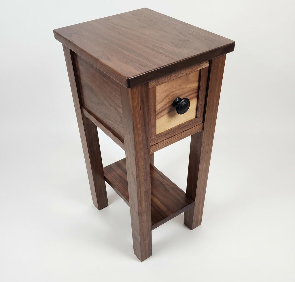 Small Walnut Narrow End Table with Drawer and Shelf