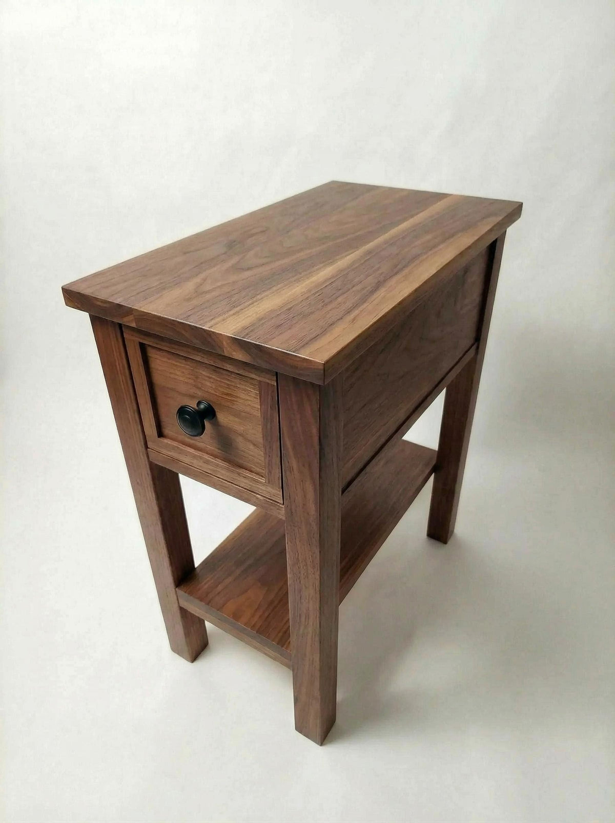 Walnut Narrow End Table with Shelf and Drawer