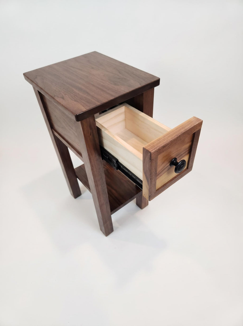 Small Walnut Narrow End Table with Drawer and Shelf