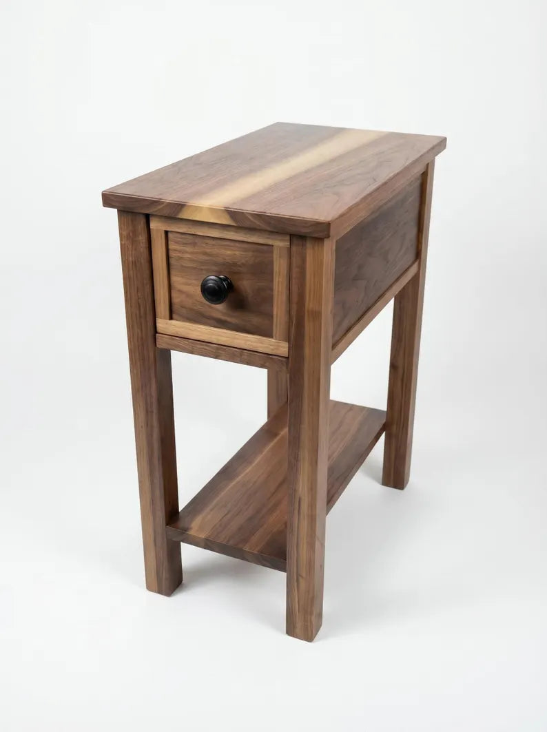 Walnut Narrow End Table with Shelf and Drawer