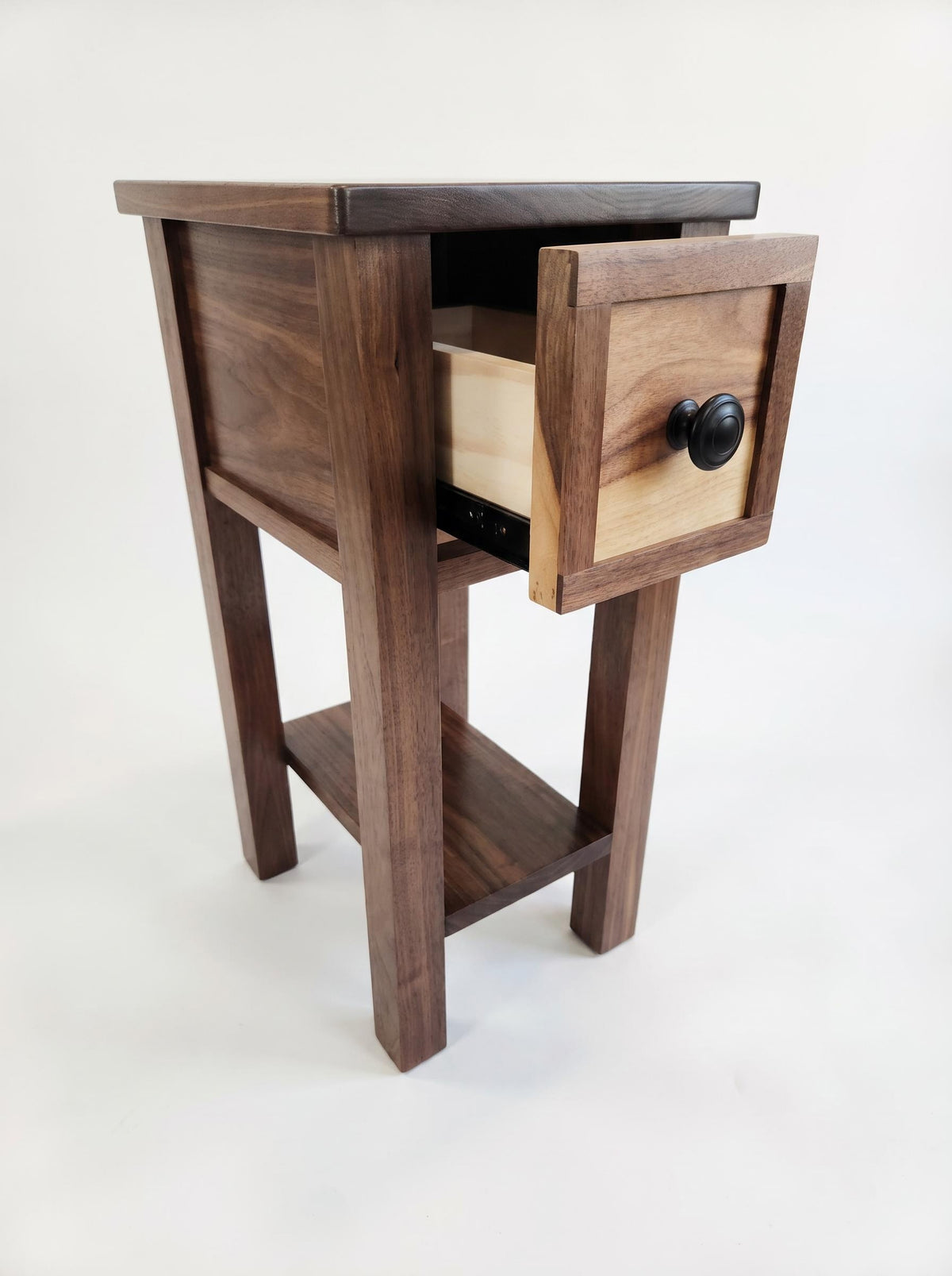 Small Walnut Narrow End Table with Drawer and Shelf